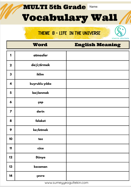 MULTI 5th Grade - Theme 8 Vocabulary Exercise Turkish-English